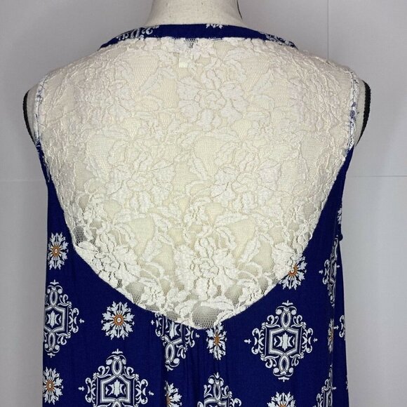 Umgee Small Sleeveless Lace Back Ruffle Tunic Swing Dress Blue Keyhole Neckline - Picture 8 of 10